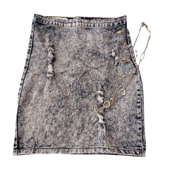 Nicki Minaj 2016 Retro Blue Acid Wash Distressed Pencil Jean Skirt Medium - Picture 1 of 16